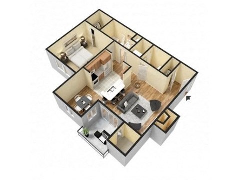 3d floor plan of a home with a bedroom and a living room